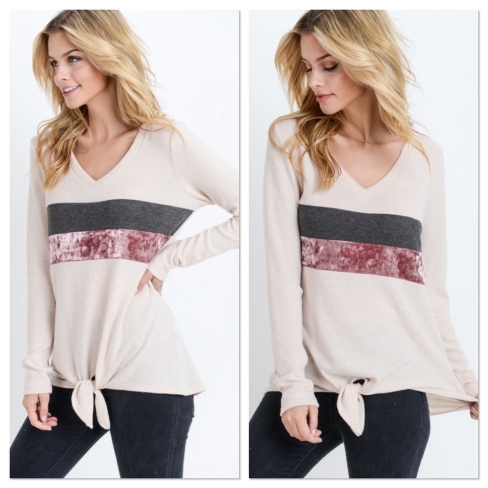 Taupe Crushed Velvet Color Block Top - Picture 2 of 3